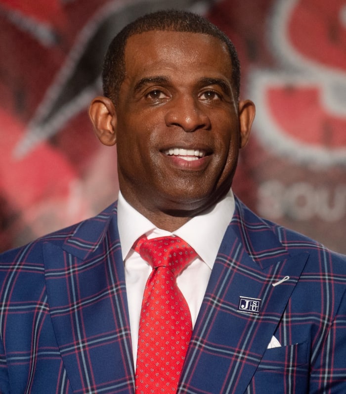 Jackson State University head football coach Deion Sanders smiles during a photo opportunity during the Southwestern Athletic Conference annual Football Media Day at the Sheraton-Birmingham Hotel in Birmingham, Ala., Tuesday, July 20, 2021. Swac Media Day2